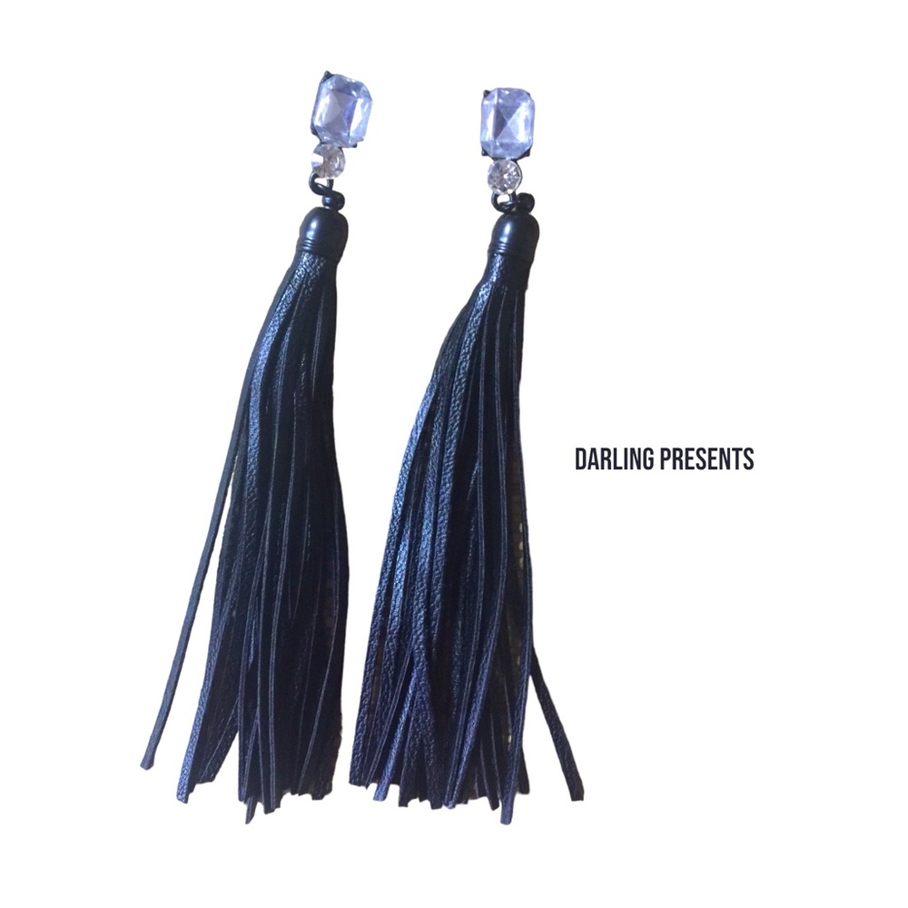 Leather Crystal Tassel Earrings Women Color Black